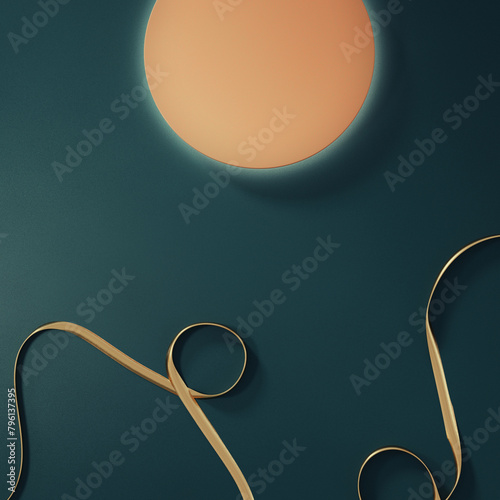 gold ribbons and circle podium on dark green background for social media post, story, campaign, product promo, poster, flyer etc. 3d isolated top view luxury layout design