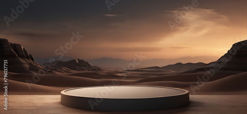 Podium of sand with starry night with circular display 3D render for product and beauty placement blue tones in the night desert minimal background for showcasing product dunes cosmetics