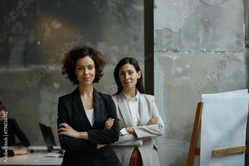 In front of the clear cement background, the designer style business portrait exudes the expertise and confidence of the business woman in the modern workplace