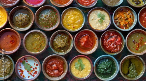 A colorful array of chutneys and sauces in small bowls, ready to accompany any meal