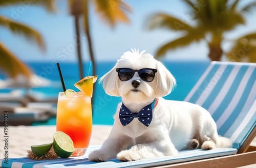 A Maltese lapdog in sunglasses and a hat lies on the beach. Nearby there is a cocktail, palm trees, the ocean. Vacation. Atmospheric. photo