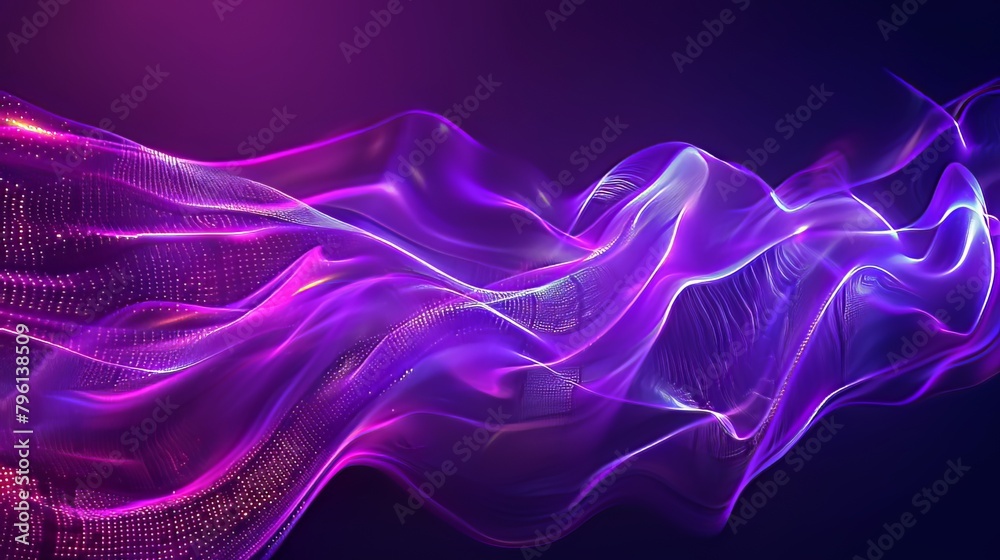 Fototapeta premium An abstract flowing neon wave pulses with vibrant purple hues, creating a mesmerizing background that shimmers with movement and energy, reminiscent of a futuristic digital landscape