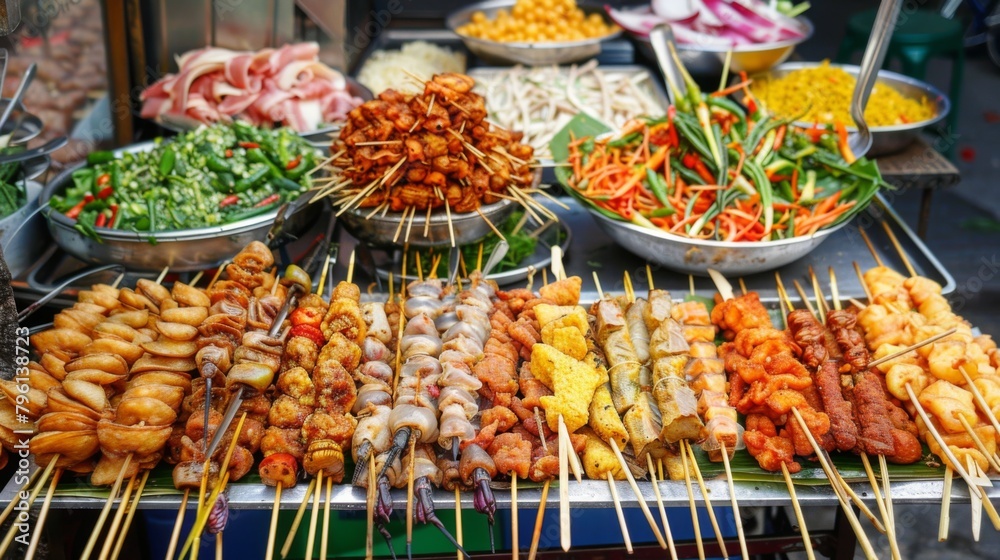A colorful array of Thai street snacks, including crispy fried insects, skewered meats, and spicy papaya salad A colorful array of Thai street snacks, including crispy fried insects, skewered meats, and spicy papaya salad