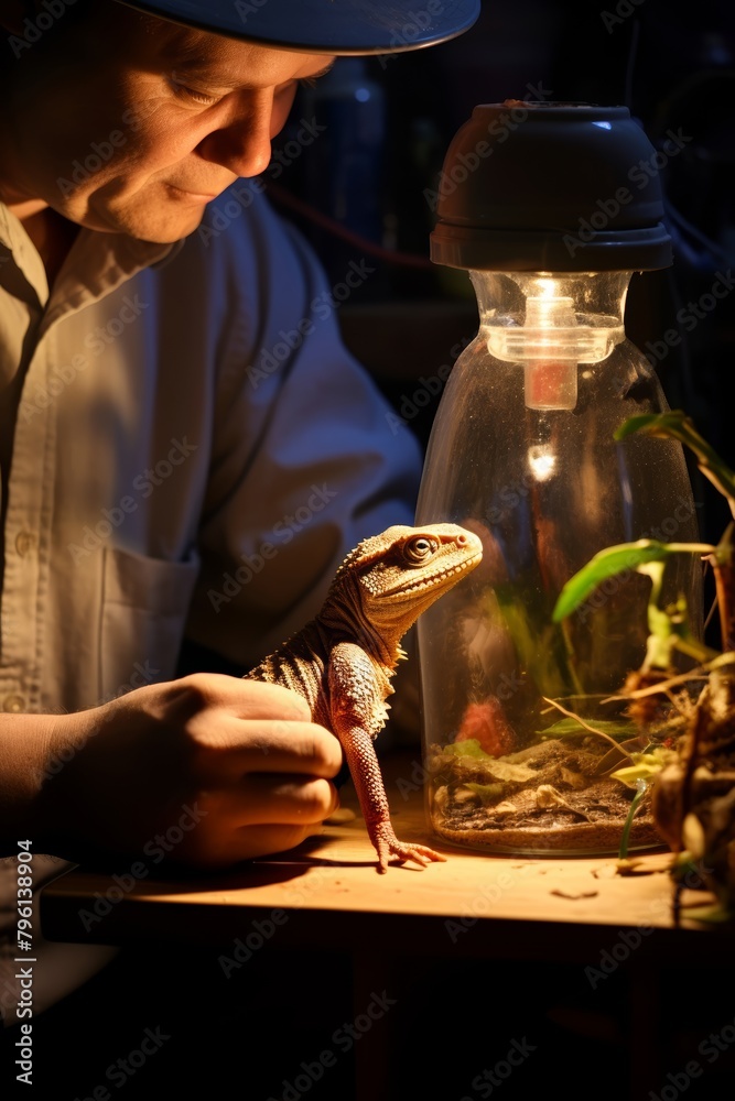 Candid snapshot of a lizard basking under a heat lamp in its terrarium ...