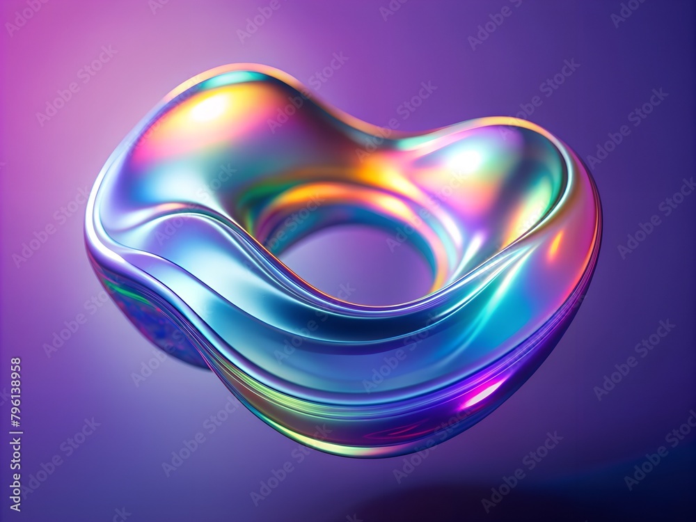 Holographic 3d shape on violet background for banner design. Fluid shape Rainbow background. Fluid holographic pattern. Holographic 3d shape on violet background for banner design. Fluid shape Rainbow background. Fluid holographic pattern.