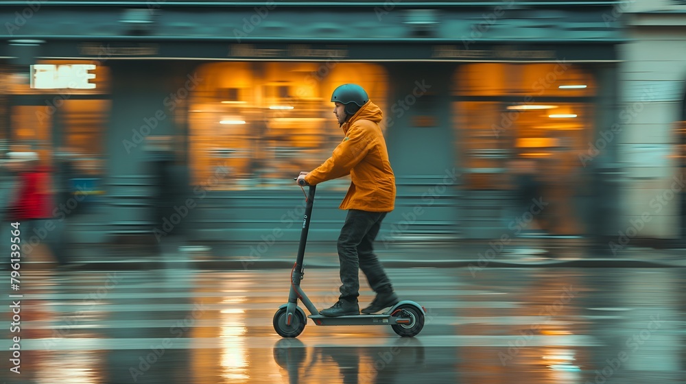 Obraz premium A man with helmet riding an electric scooter on the street, autumn, rainy road
