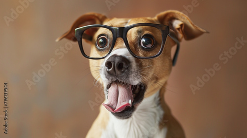 A surprised dog with glasses on a studio terracotta background © MariКа