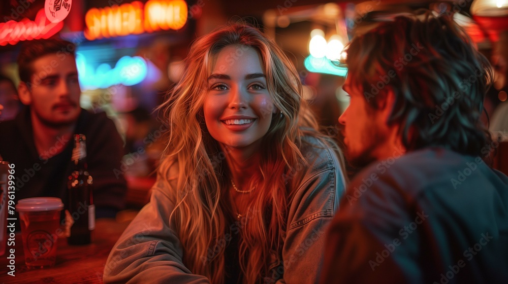 a group of young people in a bar, night out detailing intricate bar decor