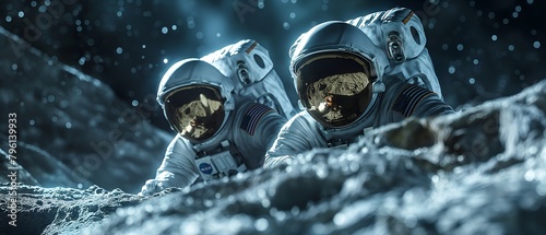 Closeup of astronauts in spacesuits on the surface of the moon photo