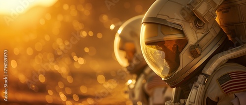 Close-up of astronauts wearing helmets, surface of Mars,  exploring solar system photo