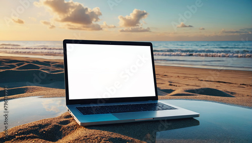 Fototapeta Naklejka Na Ścianę i Meble -  Laptop with blank white screen mock up on  tropical beach with palm trees wallpaper on a sandy beach in heat on trip. Remote work on vacation and travel, home office, internet, tours, resort, hotel.