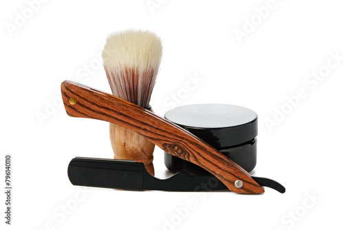 Vintage shaving razor and tools isolated on white photo