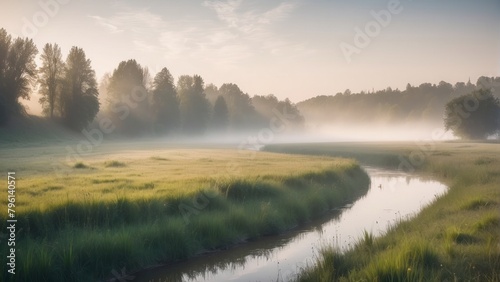 Landscape of a meadow with a river covered in fog in the morning, professional photography