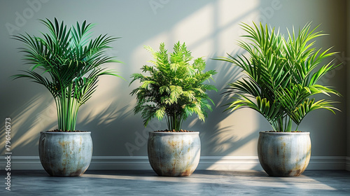 Three elegantly displayed house plants, spaced apart with care to create a balanced and aesthetically pleasing arrangement, their verdant leaves adding a touch of nature's beauty to any room