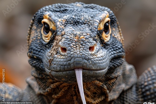 Komodo Dragon: Tongue flicking out with textured skin and forked tongue, depicting behavior © Nico