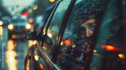 A commuter peering out of a car window with frustration, trapped in slow-moving traffic photo