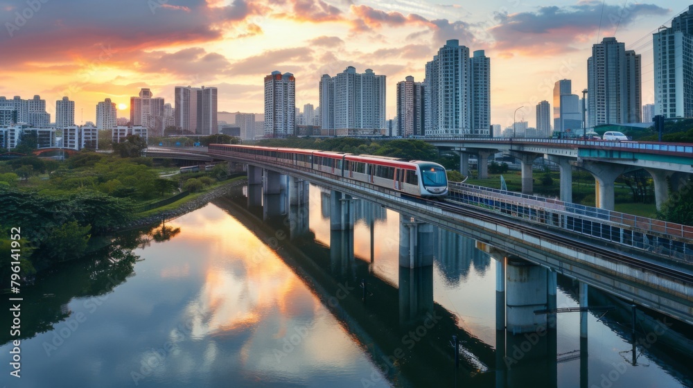 A commuter train speeding across a bridge over a tranquil river, connecting distant neighborhoods and suburbs with the vibrant heart of the city.