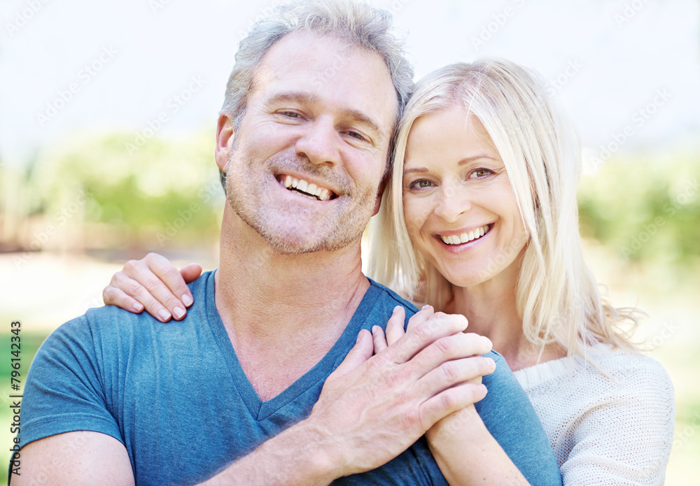 Mature, couple and portrait smile in garden for travel vacation or laughing, funny or connection. Man, woman and face or countryside forest for New Zealand holiday with humor, together or support Mature, couple and portrait smile in garden for travel vacation or laughing, funny or connection. Man, woman and face or countryside forest for New Zealand holiday with humor, together or support