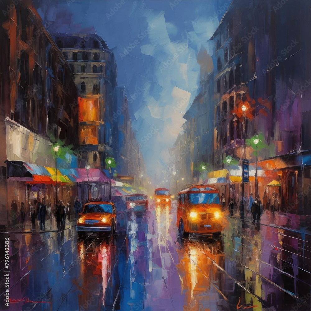 a painting of a city street in the rain