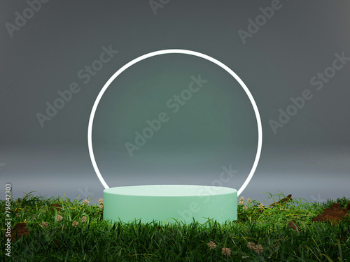 green podium, neon light and floor grass on grey  background for social media post, story, campaign, product promo, poster, flyer etc. 3d isolated top view luxury layout design 