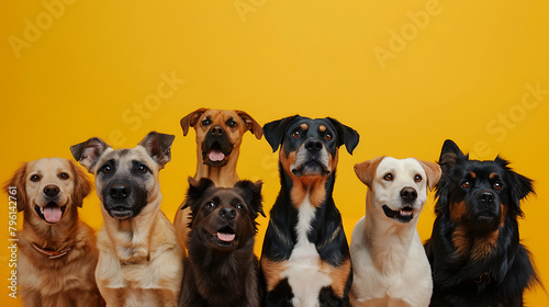 Group of dogs studio portrait isolated on yellow background. Banner with copy space.