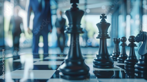 Black chess pieces on the board, with blurred businessman background