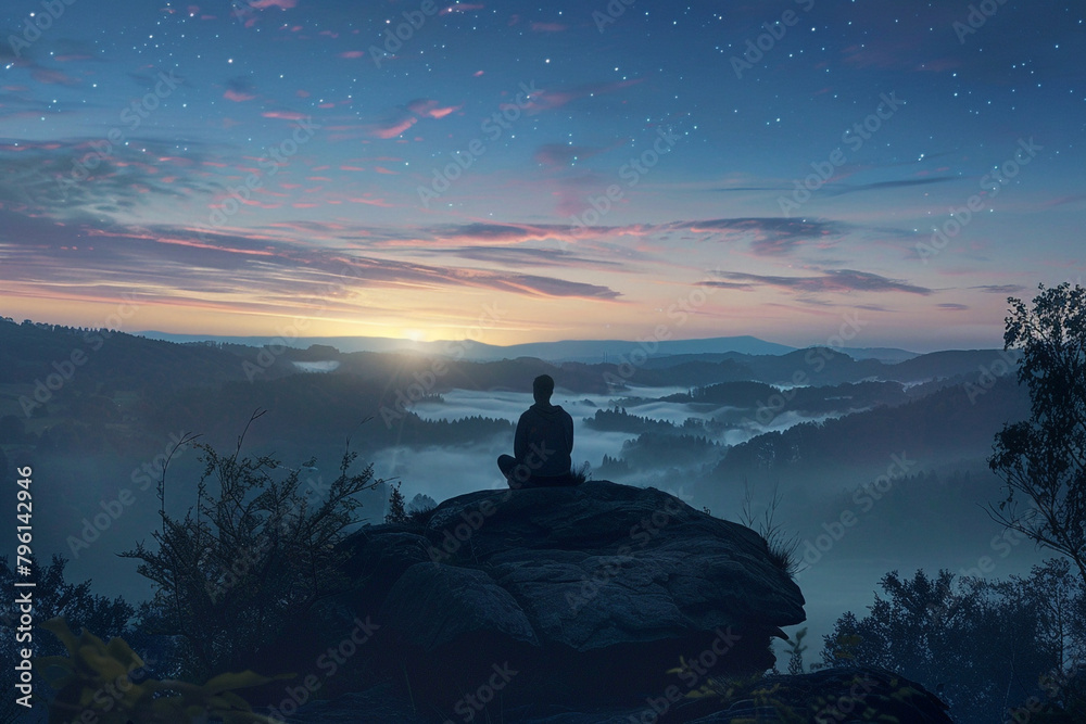 Person praying at dawn overlooking a serene landscape