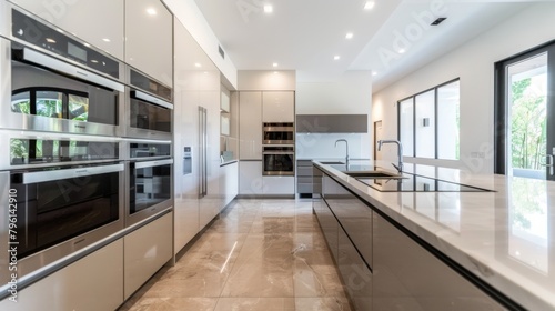 A contemporary kitchen with minimalist cabinetry and clean lines, featuring state-of-the-art appliances and sleek countertops for efficient and stylish meal preparation.