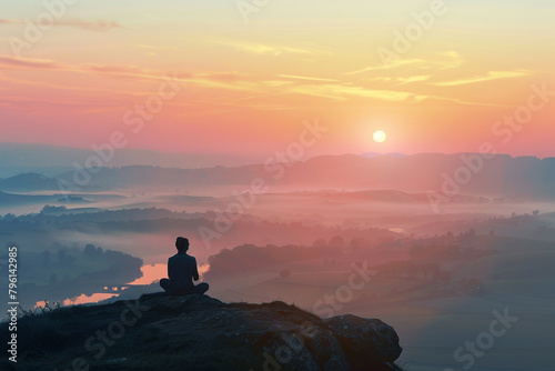 Person praying at dawn overlooking a serene landscape