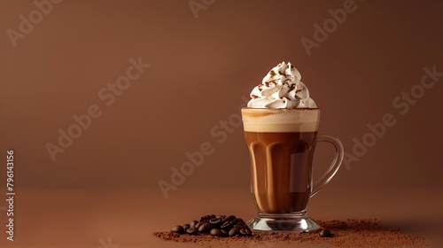 Coffee and chocolate cocktail with whipped cream on a brown background