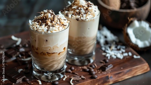 Coconut milk latte coffee decorated with grated chocolate in a modern glass photo