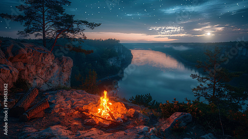 A campfire is lit on a rocky shore by a river
