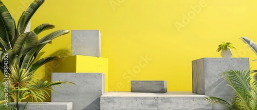 Digital generate image of concrete cubic podiums on yellow background