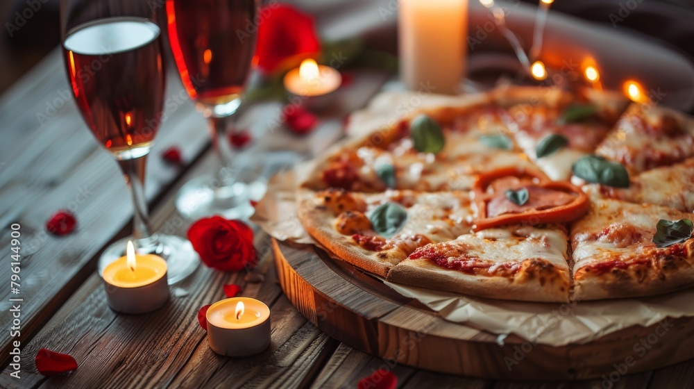 A cozy date night setting with candles and a heart-shaped pizza on a wooden table