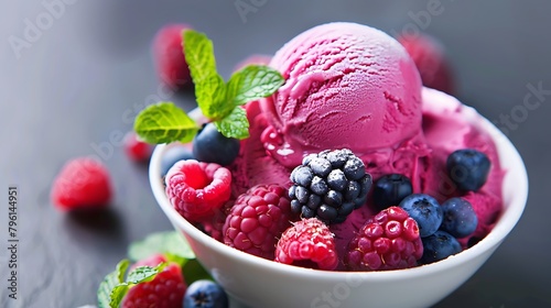 Cold ice cream sorbet made of frozen mint and berries