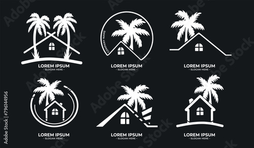set of logos with palm houses on a black background vector