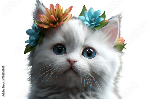 White kitten with a flower on its head on Transparent Background PNG