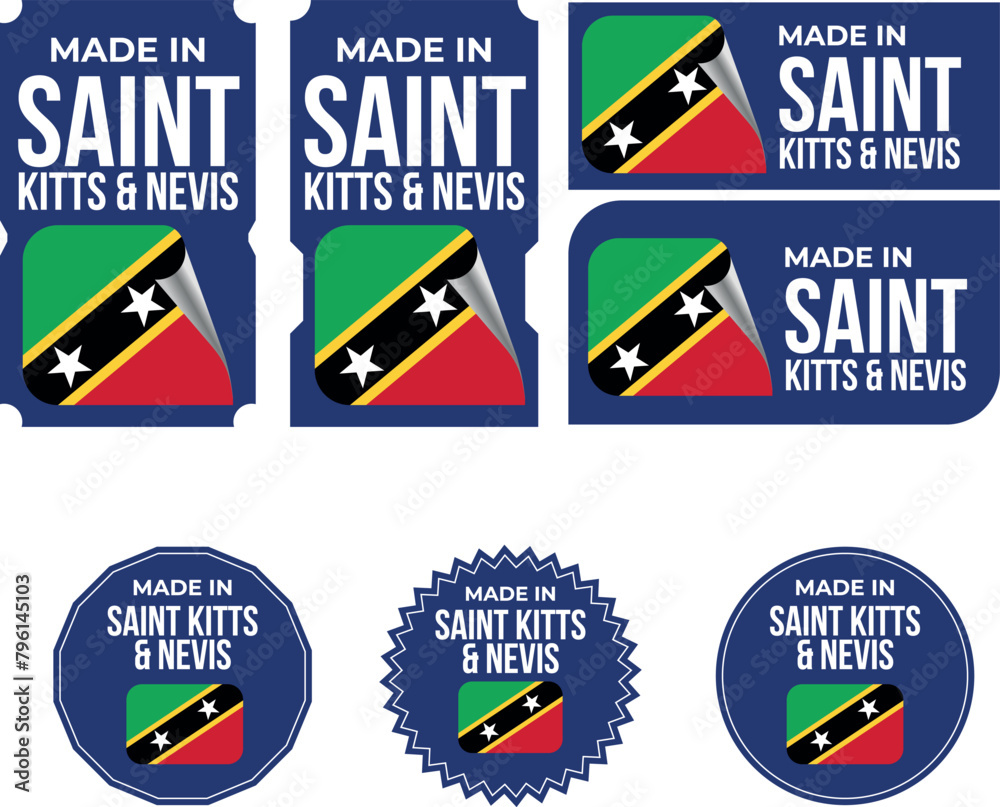 Made in Saint Kitts and Nevis, vector logos with Saint Kitts and Nevis flag painted circles and stripe Made in Saint Kitts and Nevis, vector logos with Saint Kitts and Nevis flag painted circles and stripe