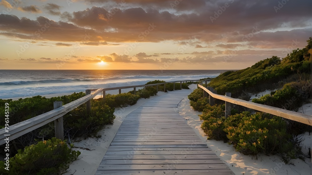 With few bushes throughout its length, the boardwalk leads to a white sand beach and the ocean at sunset.