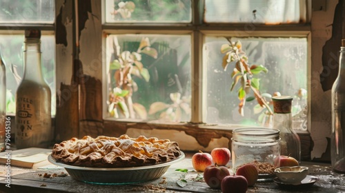A cozy kitchen scene with a homemade apple pie cooling on the windowsill, evoking warmth and tradition