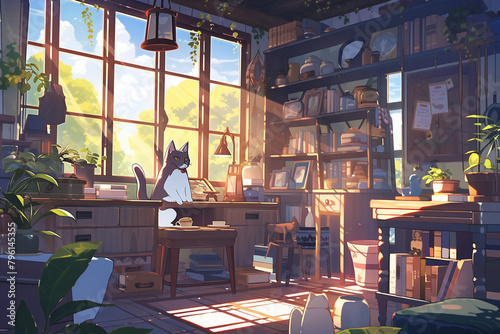 cute cat ​​in the cozy interior, generative background ai