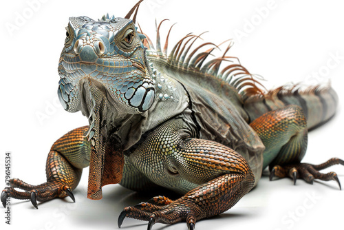 An iguana basking in the sun  isolated on a white background