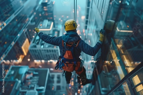 male window cleaner working on a high-rise building photo