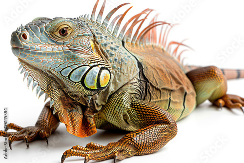 An iguana basking in the sun  isolated on a white background