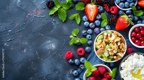 Cottage cheese with fruits berries honey and nuts ricotta cheese with fruits copy space directly above photo