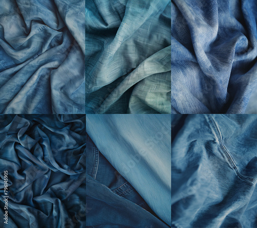 Blue Jeans Denim fabric with large folds, abstract cloth background, set, collection