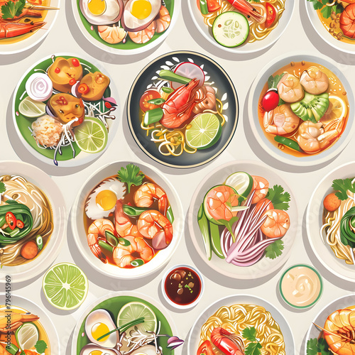 Set of food seamless pattern background. Thai food style meal.