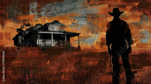 A painting of a rugged cowboy silhouetted against a dilapidated mansion symbolizing the fragility of the settlers existence. . photo