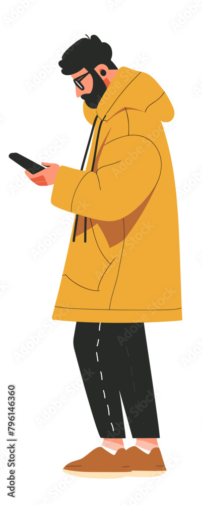 Young man in a yellow raincoat using a smartphone. Flat vector illustration. Young man in a yellow raincoat using a smartphone. Flat vector illustration.