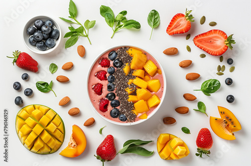 A colorful smoothie bowl with fresh fruits, nuts and greens on the side, surrounded by cut mangoes, strawberries, blueberries, black marmalade and almond pieces
